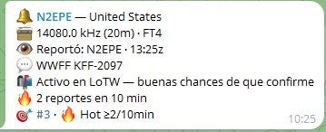 Alerta de HamProp en Telegram: N2EPE en 14080 kHz, 20 metros, FT4, con indicador de LoTW activo y contador de pileup