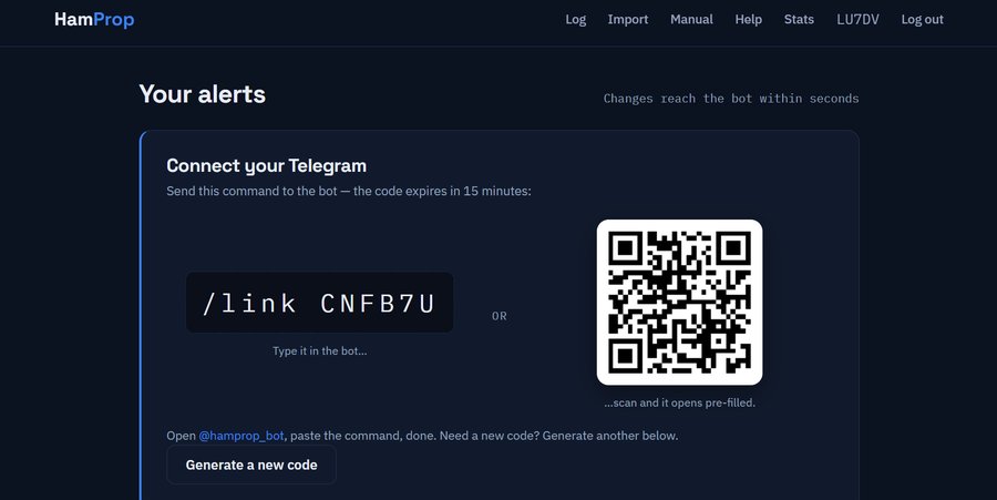 Panel de HamProp mostrando el comando /link con su código y el código QR equivalente para escanear con el teléfono